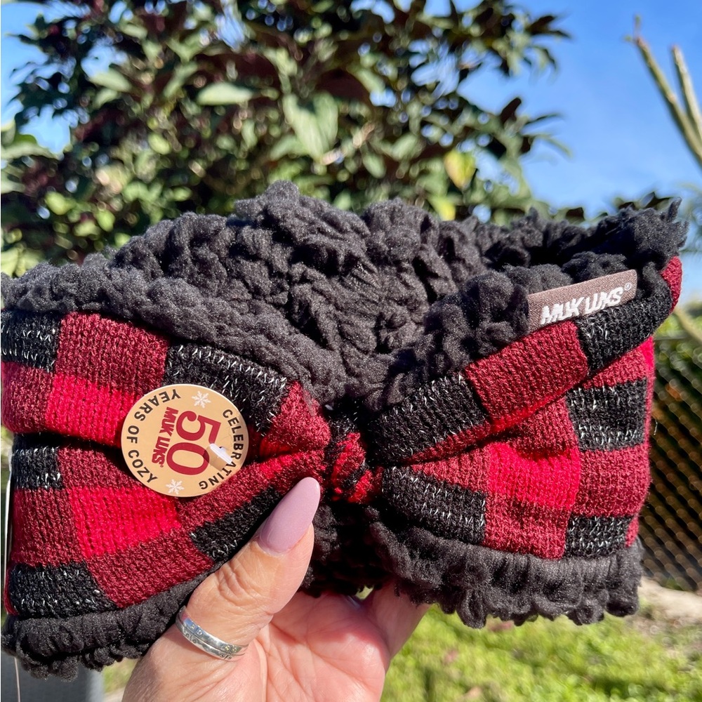 MUK LUKS Buffalo Plaid Reversible Headband in Dark Red/Black with Faux Fur - Picture 9 of 16